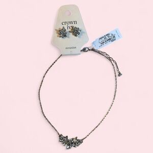 crown & ivy Silver Crystal Cluster Necklace with Matching Studs